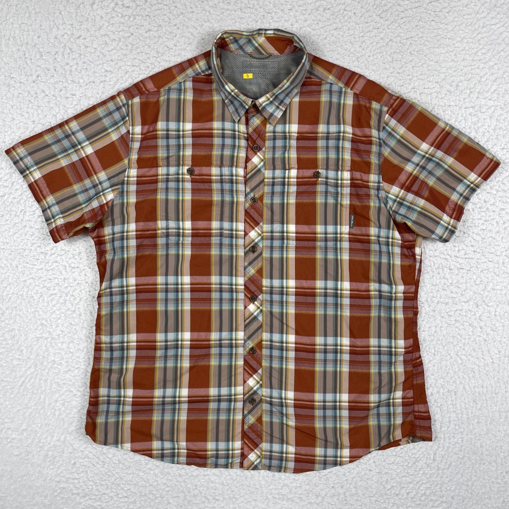 Eddie Bauer Button Front Shirt Mens XL Orange Plaid Short Sleeve Hiking Outdoor